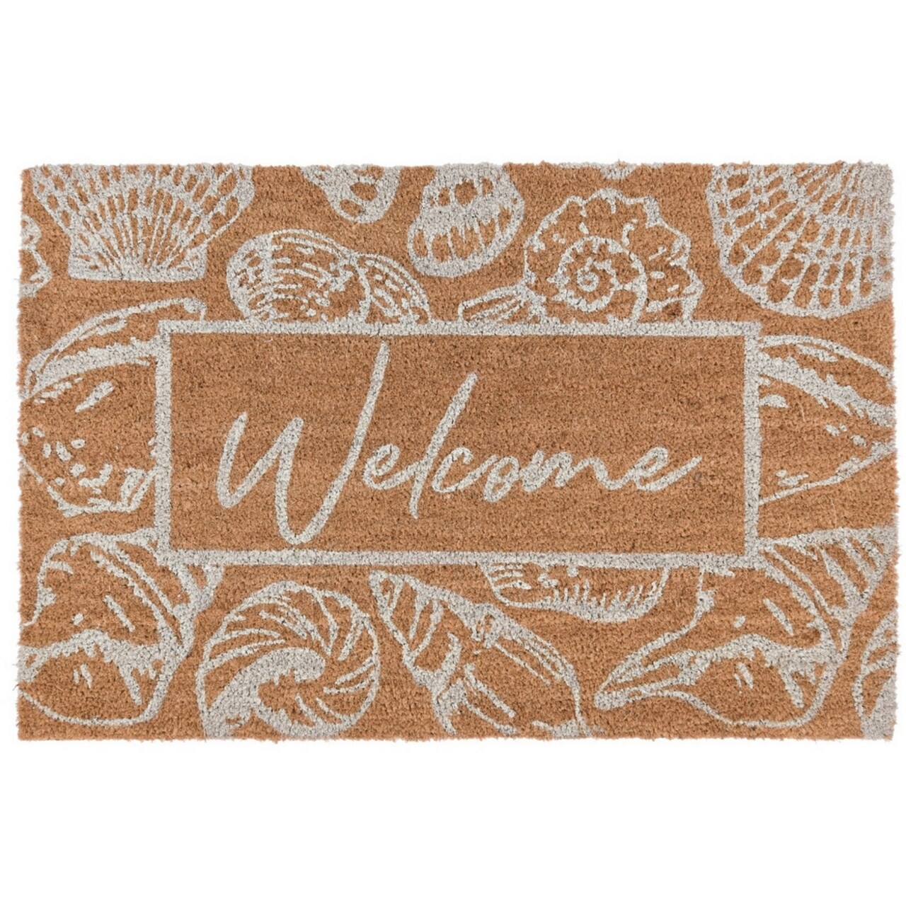 Saltoro Sherpi 24 x 36 Coir Coastal Welcome Doormat, White Calligraphy Print, Brown-